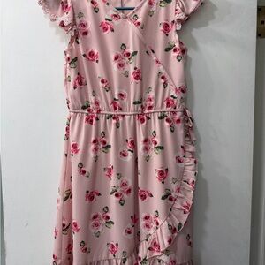 Pink Floral Midi Dress with Ruffle Detail